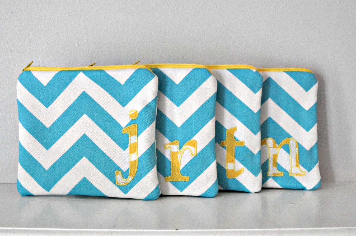 Sea and Sunshine Pouch - Turquoise Chevron with Yellow Initial