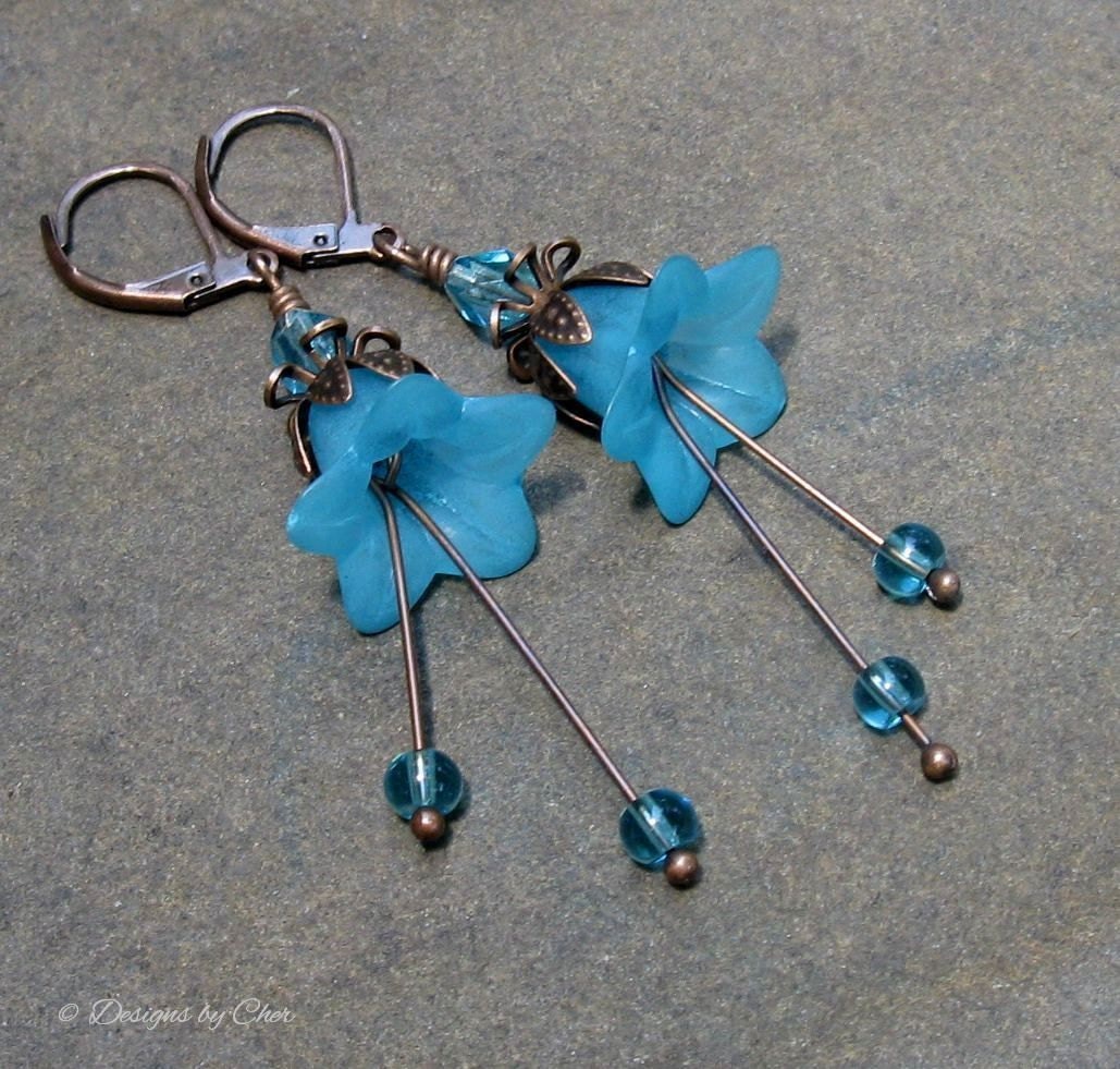 Electric Blue Lucite Flower Earrings, Antique Copper, Crystal & Glass... Vintage Inspired Flower Jewelry