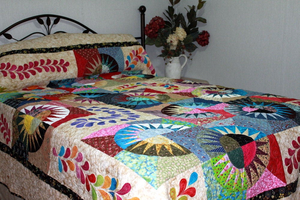 Queen Bed Quilt NEW YORK BEAUTY Scrappy Style in multicolor splendor