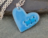 Valentine Jewelry Mended Broken Enamel Heart Pendant Necklace Copper Enameled Sewn Denim Blue