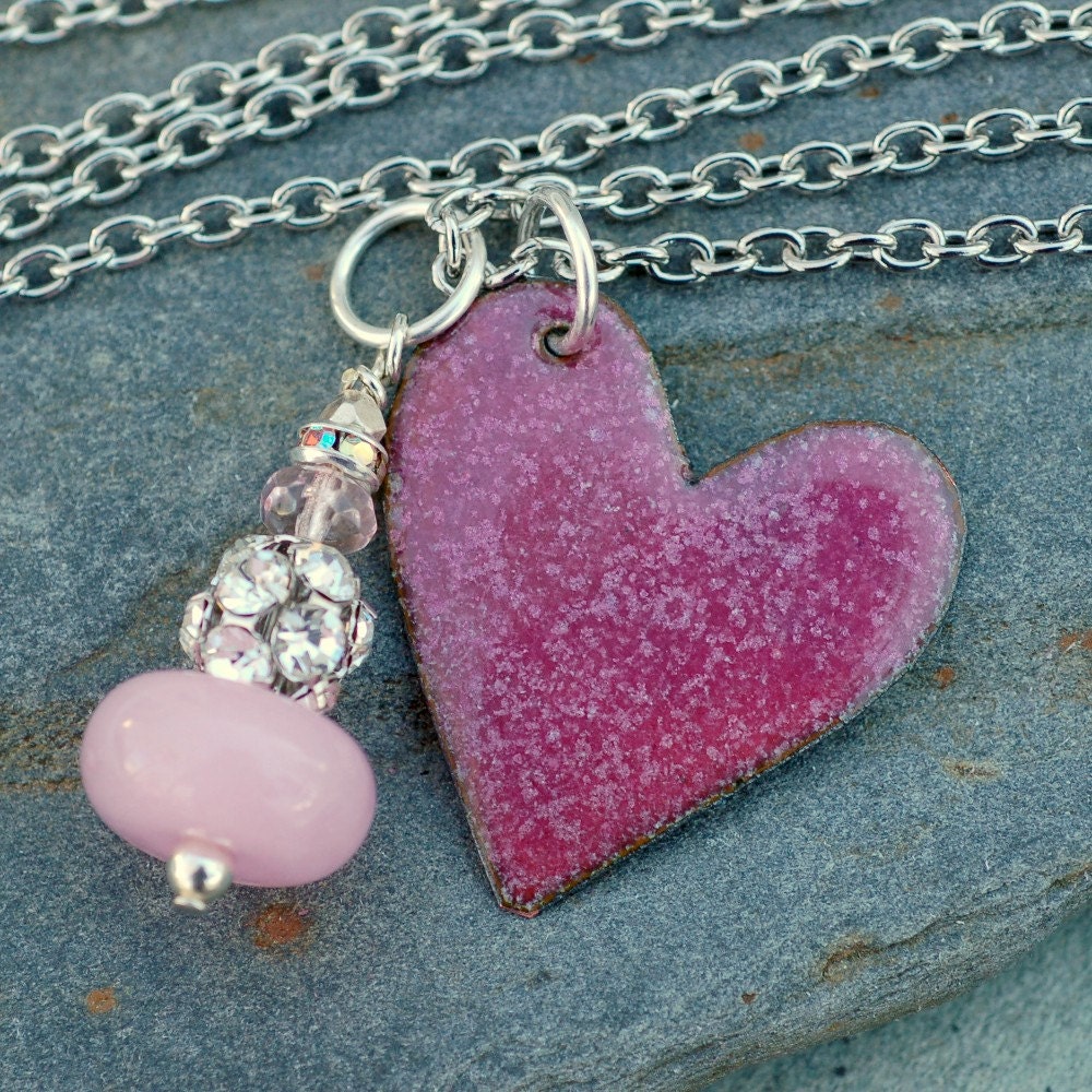 Valentine Jewelry Enamel Heart Pendant Necklace Copper Rhinestone Dangle Pink