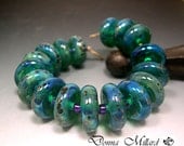 HANDMADE LAMPWORK Bead Silver Glass Set Donna Millard SRA organic ocean sea green blue spring summer