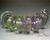HANDMADE LAMPWORK Glass Beads SET Donna Millard sra disc beads green aqua orchid purple lamp work spring summer rainbow