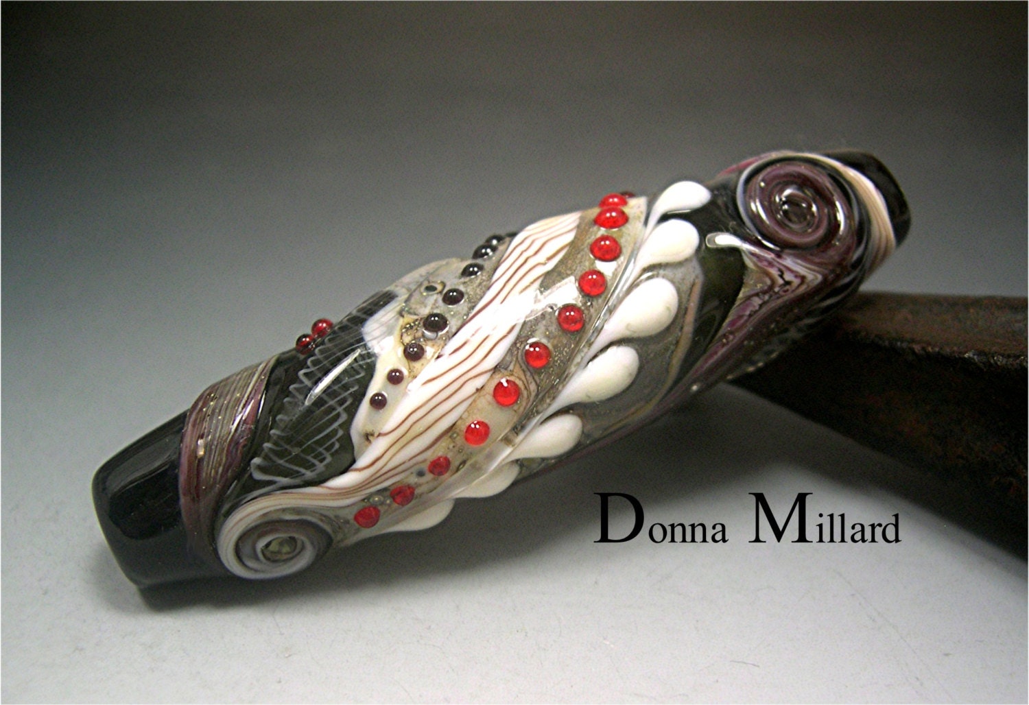 HANDMADE LAMPWORK Focal Bead Donna Millard SRA lamp work glass bead black white red grey pendant necklace spring summer moth butterfly
