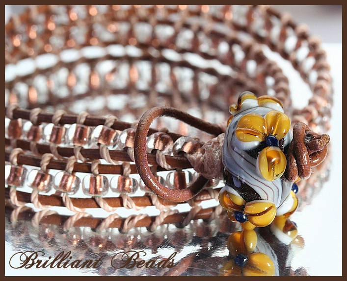Leather Wrap Chan Luu Inspired Bracelet with Matching Handmade Floral Lampwork Bead Closure SRAJD