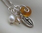 Religous Cross Beach Glass and Pearl Jewelry