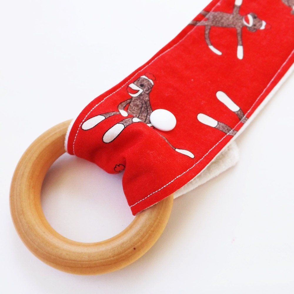 Natural Wooden Baby Teething Toy - Organic Cotton Velour with Snap - Sock Monkey Teether