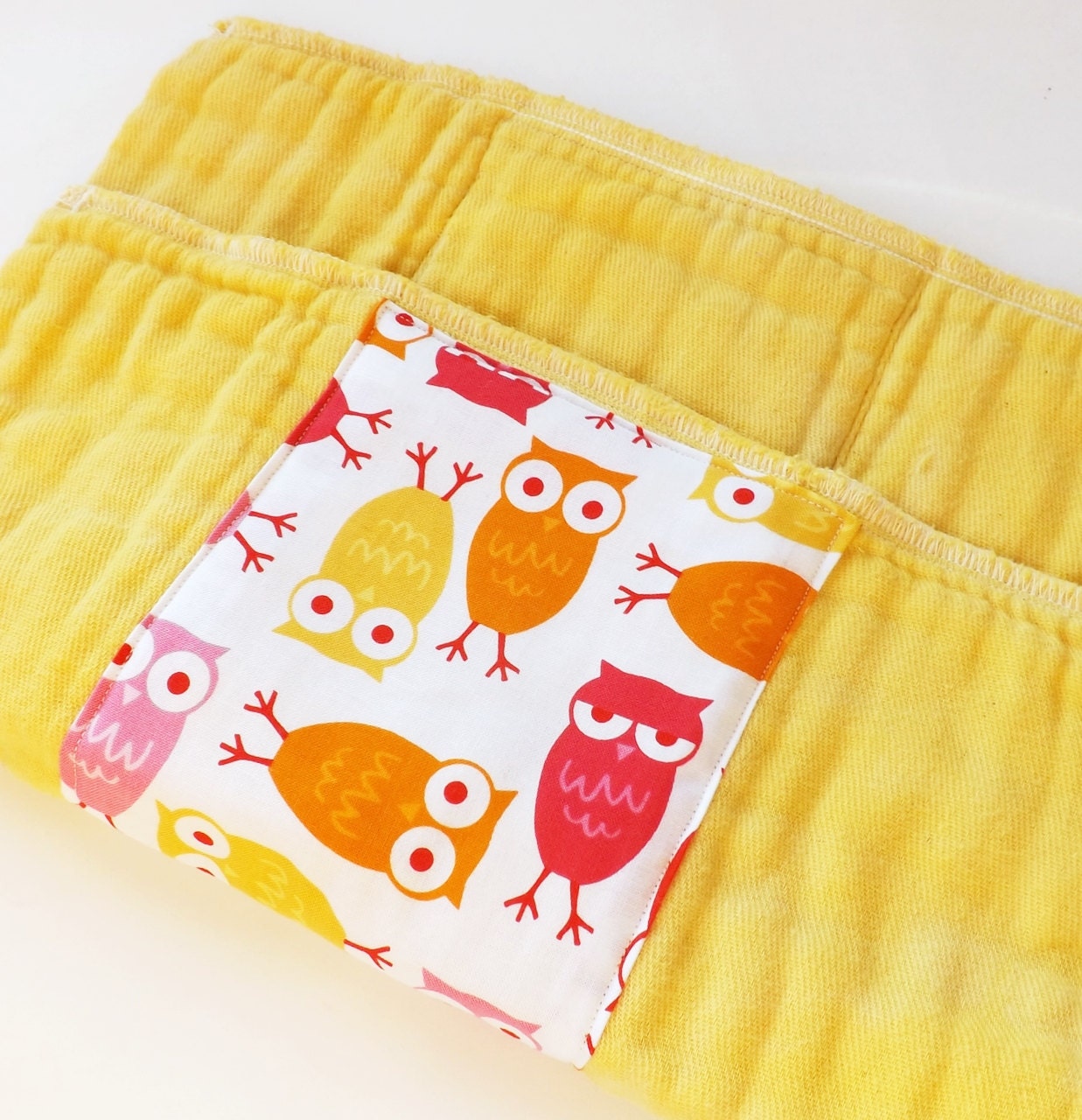 Embellished Dyed Prefold Cloth Diaper / Burp Cloth - Infant Size - Funky Owls on Dandelion Yellow