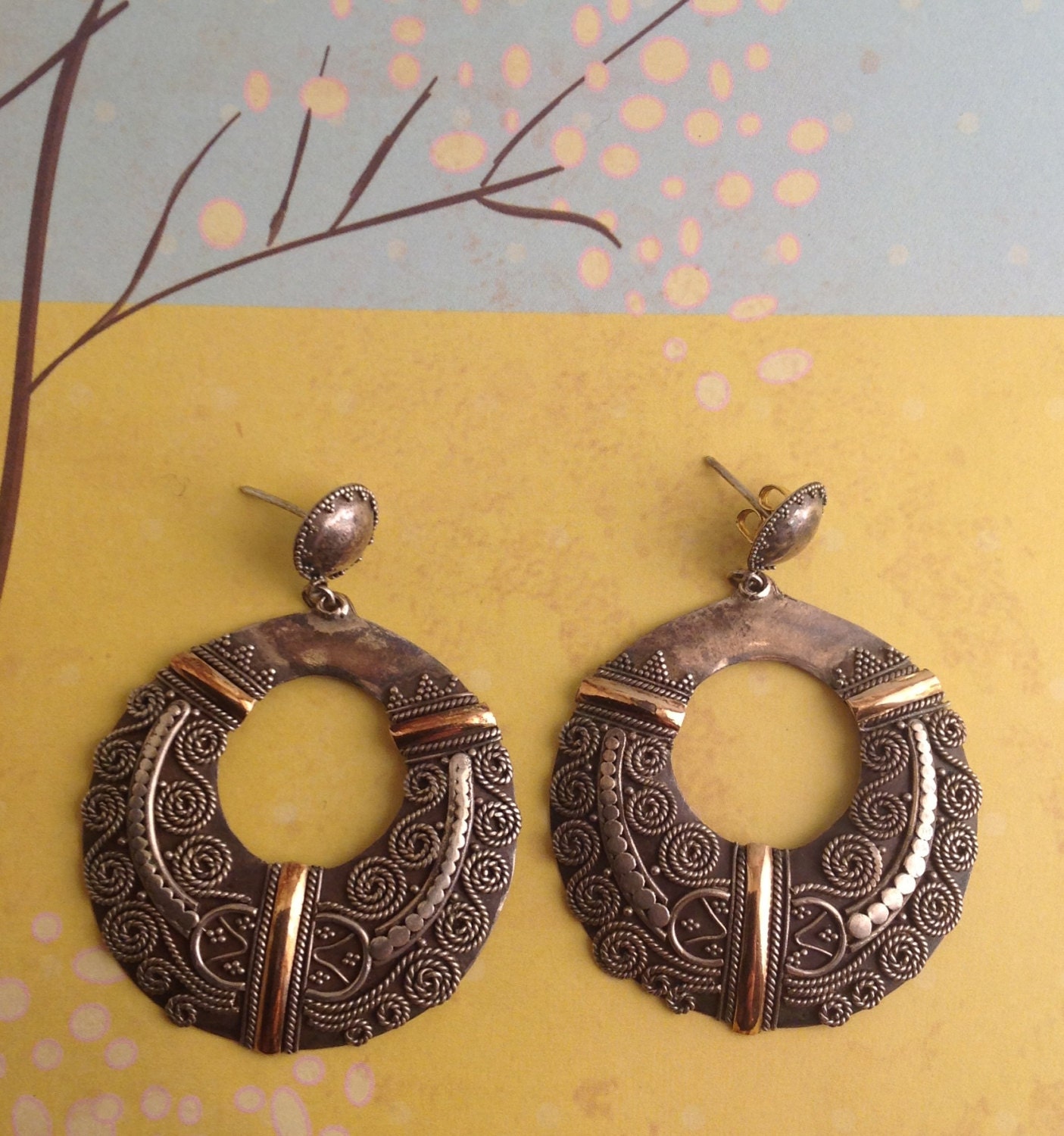 Vintage Huge Balinese Filigree Silver and Gold Earrings