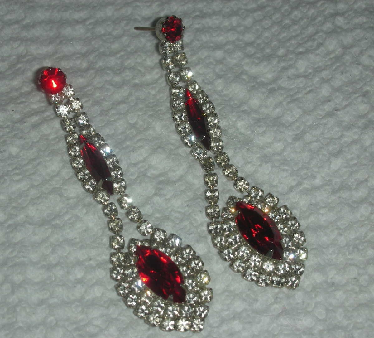 Vintage Jewelry Long Red & Clear Rhinestone Earrings for pierced Ears