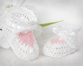 Crochet Baby Booties, Newborn, Christening, Baptism Booties, Crochet Pink Heart Lace Booties, 0 - 3 Months