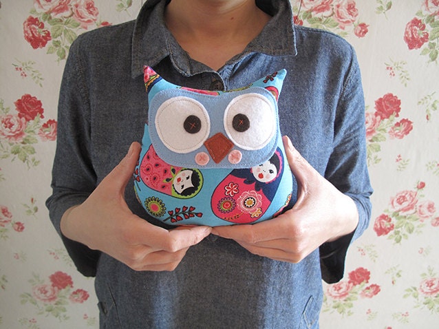 Owl plush toy made from russian doll pattern fabric