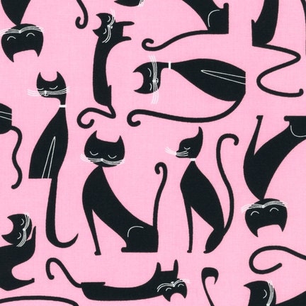 NEW Robin Zingone, Whiskers and Tails, Black Cats on Pink Fabric - By the Yard