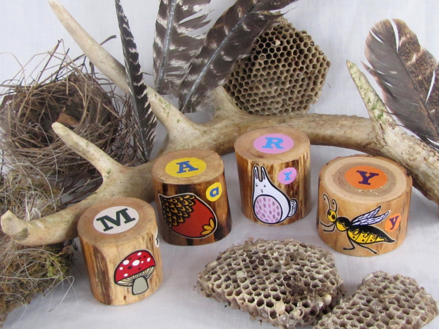 Woodland Name Blocks - Personalized Set of Four Alphabet blocks - OOAK