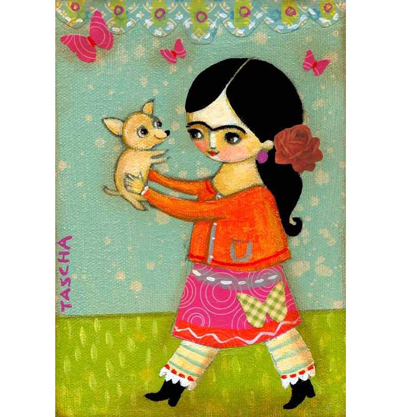 Sweet CHIHUAHUA dog and Frida Kahlo in pantaloons PRINT from Mixed media collage painting by tascha