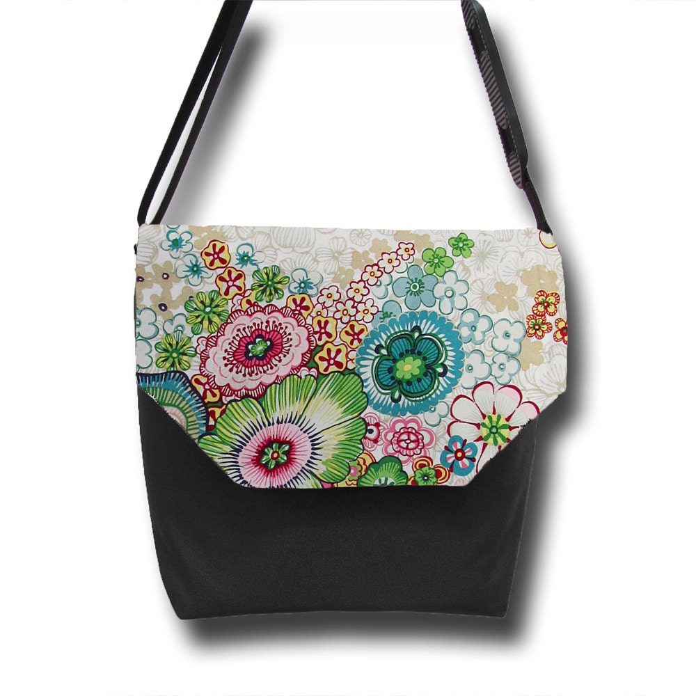 Digital SLR Camera Bag - DSLR Camera Bag Purse - Messenger Interchangeable flaps Photo Bella Flowerworks Fabric Flap - Black Base
