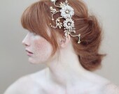 Bridal beaded headpiece, crystals, brass - Beaded brass flower and rhinestone headpiece - Style 344