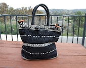 Vintage 1980's WOVEN Cotton tote bag purse BOHEMIAN hippie black and white SOUTHWEST