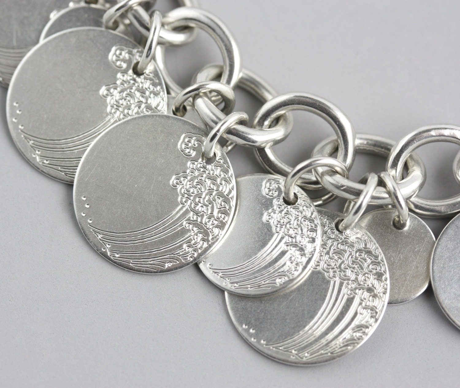 Silver Charm Bracelet - Wave Charms - Engraved Bracelet - Silver Disc Charm - Toggle Bracelet - Engraved Design - Tibetan - READY TO SHIP