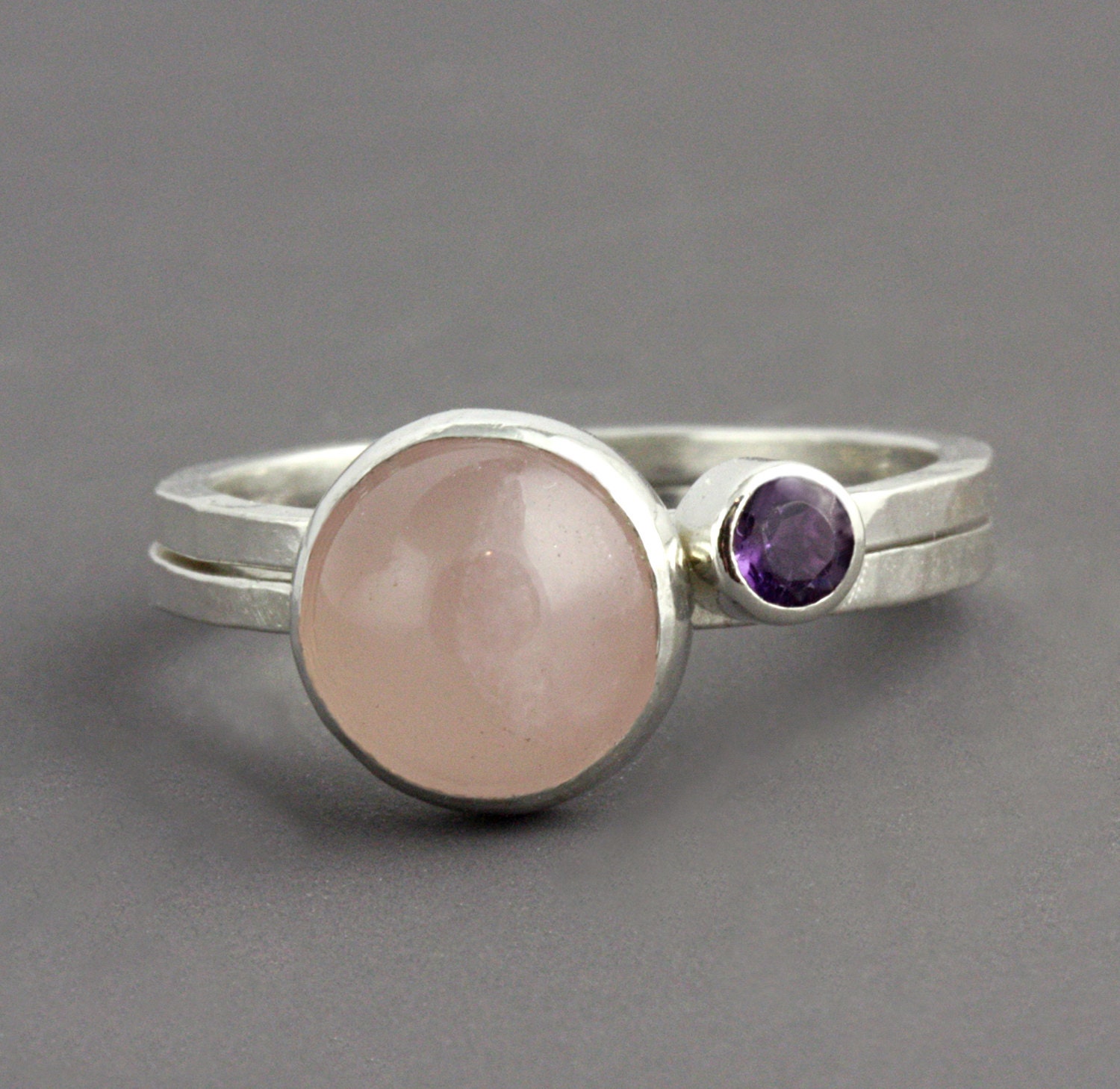 ON SALE - 50% OFF - Rose Quartz Amethyst Stacking Set - Stack Rings - Hammered Silver - Purple Stone - February Birthstone - Ready to Ship