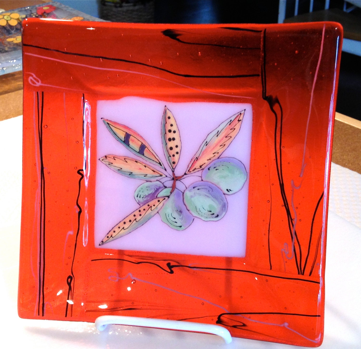 Fused Glass Dish: Red Plate with Olives