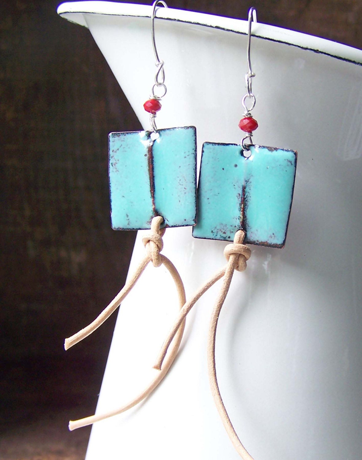 Etsy, Etsy Jewelry, Enamel on Copper, Light Blue Enamel Earrings, Enamel and Leather, Red Quartz Faceted Beads, Fold Formed Earrings