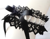 Vintage Antique White Satin-Black Lace Garter-Handmade Lace-One of Two Only