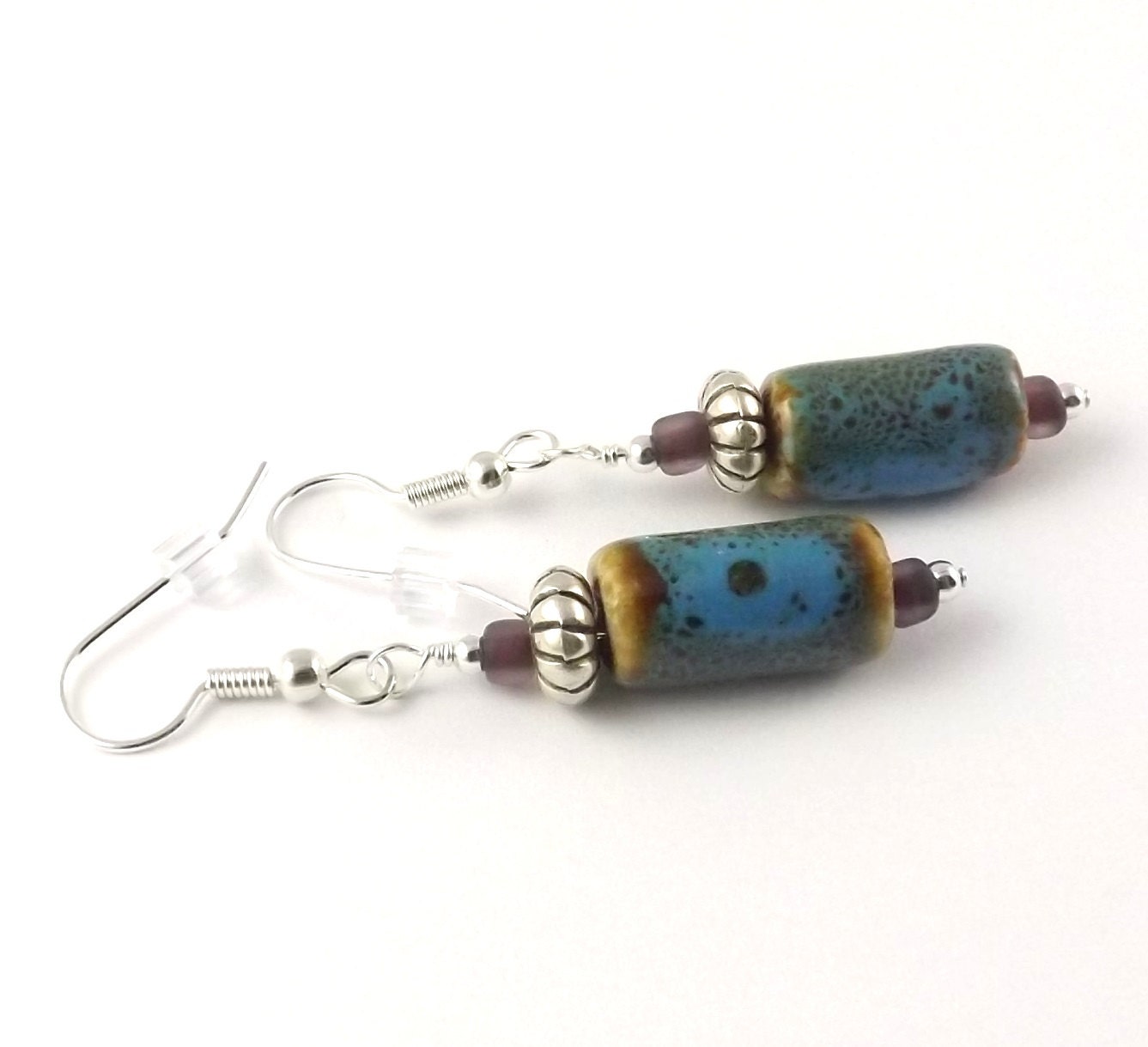 Tube Blue Green Teal Pottery Bead surgical steel french hook earrings
