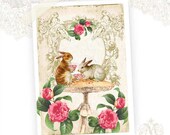 Bunny Rabbit Easter Card, Tea Party, Woodland, Mushroom, Birthday card, Alice in Wonderland, Fall, Autumn - mulberrymuse