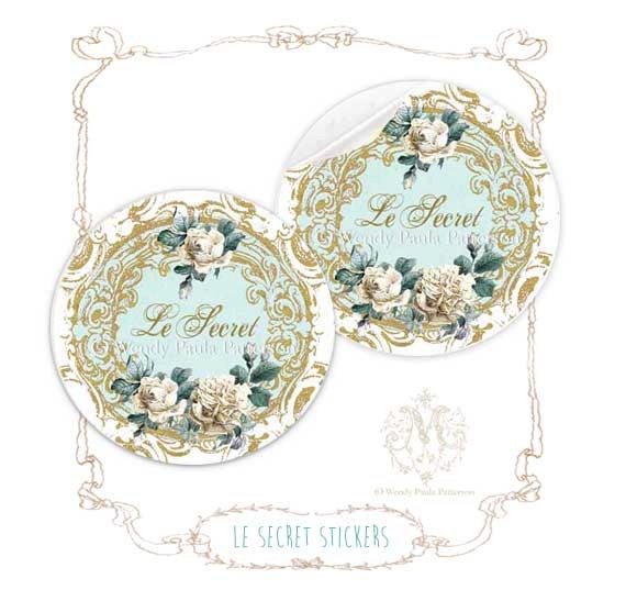 French, Sticker, Secret, Le Secret, Blue, Ornate Frame, White Roses, Christmas, Shabby Chic, Seals Glossy 2.25" diameter