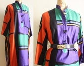 Sz  L Vintage Bold Color Block Oqust Cotton Shirt Dress