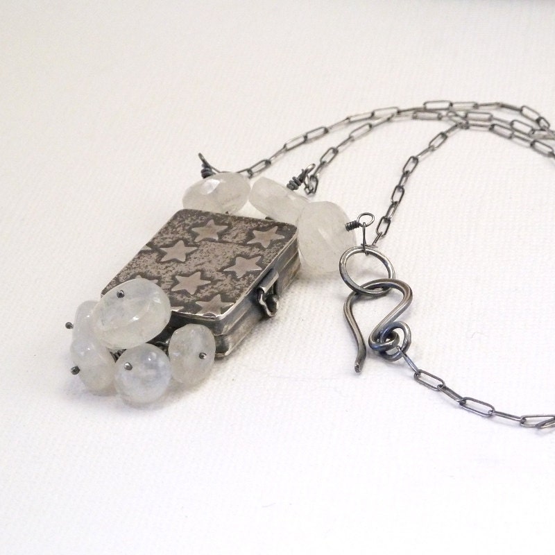 Sterling Silver Handmade Locket Moonstones and Stars One of kind Metalwork Jewelry