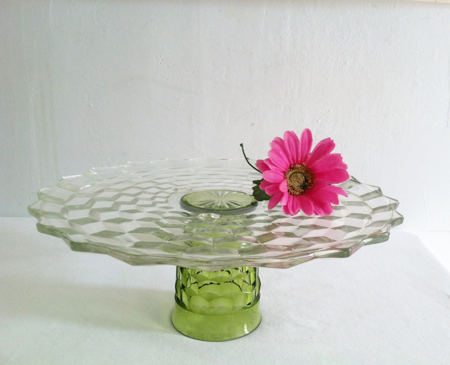 Handmade cake stand with Indiana Colony cubic pattern glassware