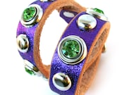 Rustic Purple Glitter Leather Dog Collar with Green Gems and Silver Polka Dots, Size S/M, to fit a 12-15in Neck, EcoFriendly