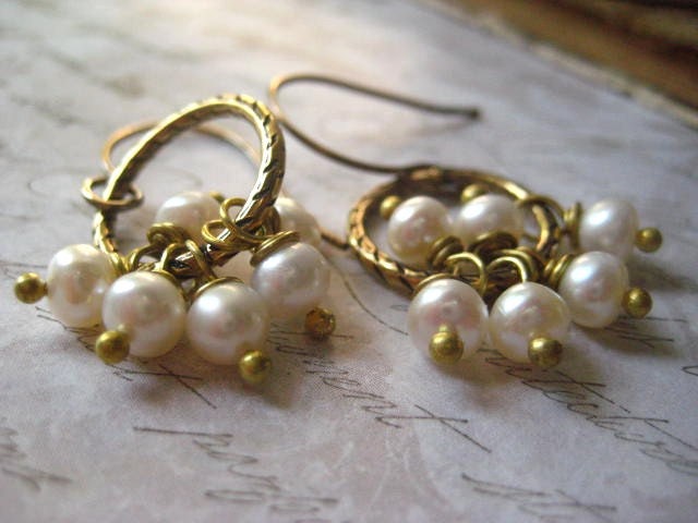 freshwater pearl earrings June Birthstone hoop style wire wrapped dangles brass ring womens jewelry