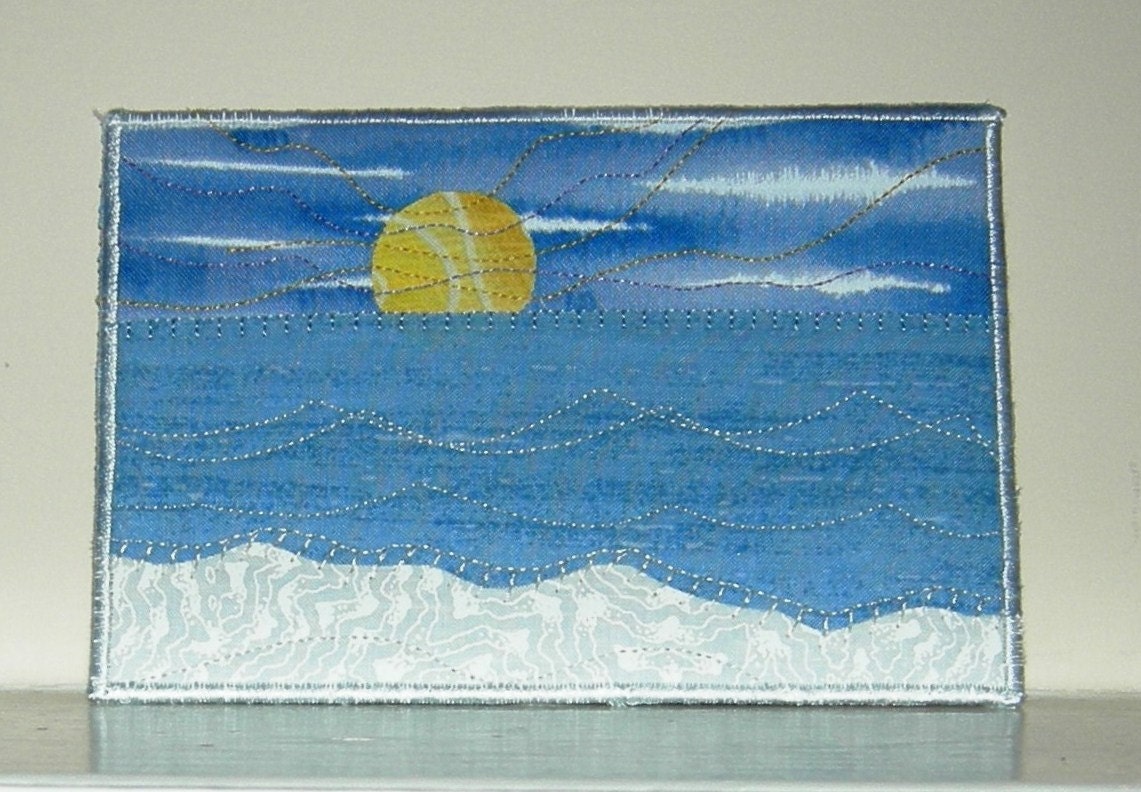 Beach Postcard, Sunrise Quilted Fabric Postcard Art Quilt, Frameable Art