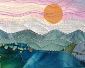 Handmade Fabric Postcard,Quilted Greeting Card Postcard,Sunset in the Mountains