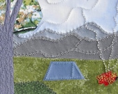 Handmade Fabric Postcard,Quilted Greeting Card Postcard, Camping in the Mountains