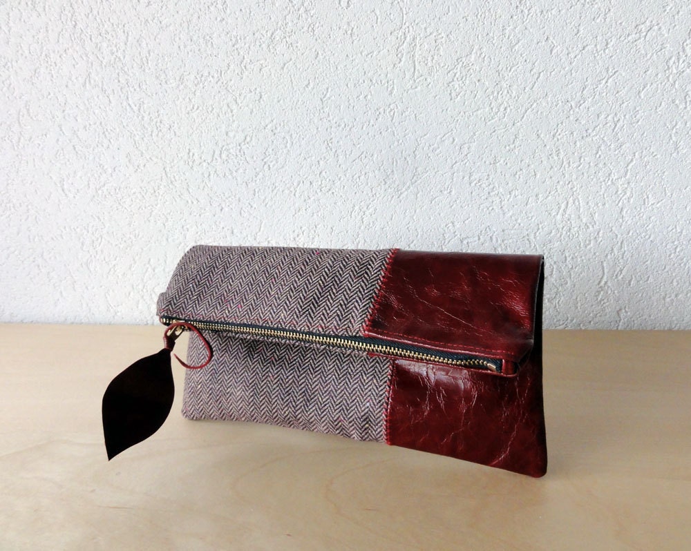 Leather Clutch in Red Patent Italian Leather and Burgundy European Wool - Indie Patchwork Series