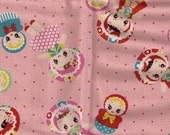 HALF YARD Kokka Trefle - Baby Bunka Dolls on Pink with Dark Pink Polka Dots- Retro American Old Story Nursery Rhyme - Japanese