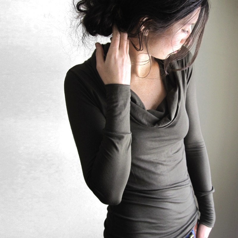 Deep Olive Green Cowl Neck Blouse // Women's Top // Long Sleeve Shirt // Tunic - THIMBLEandACORN