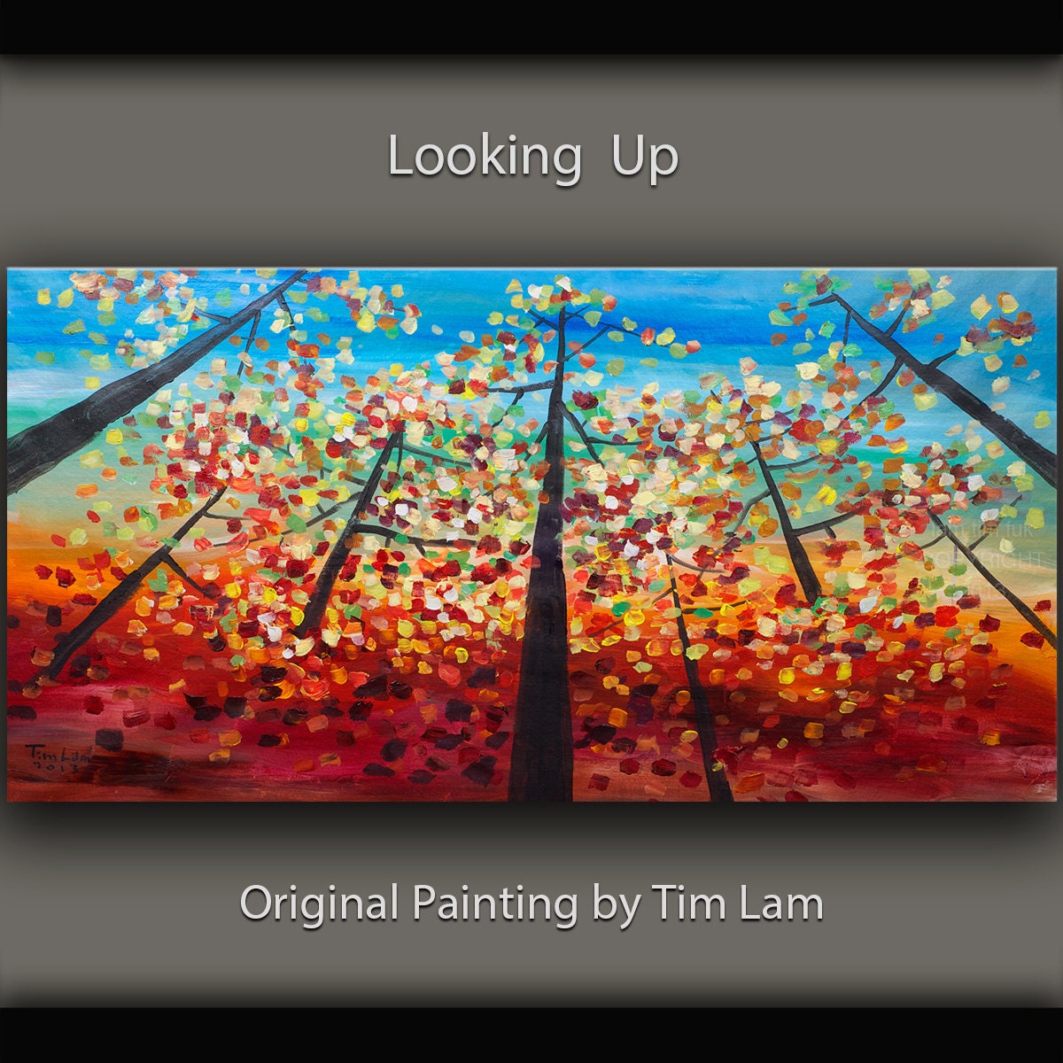 Abstract Landscape Painting Looking Up Forest Original huge modern acrylic on canvas by Tim Lam 48x24x1.3