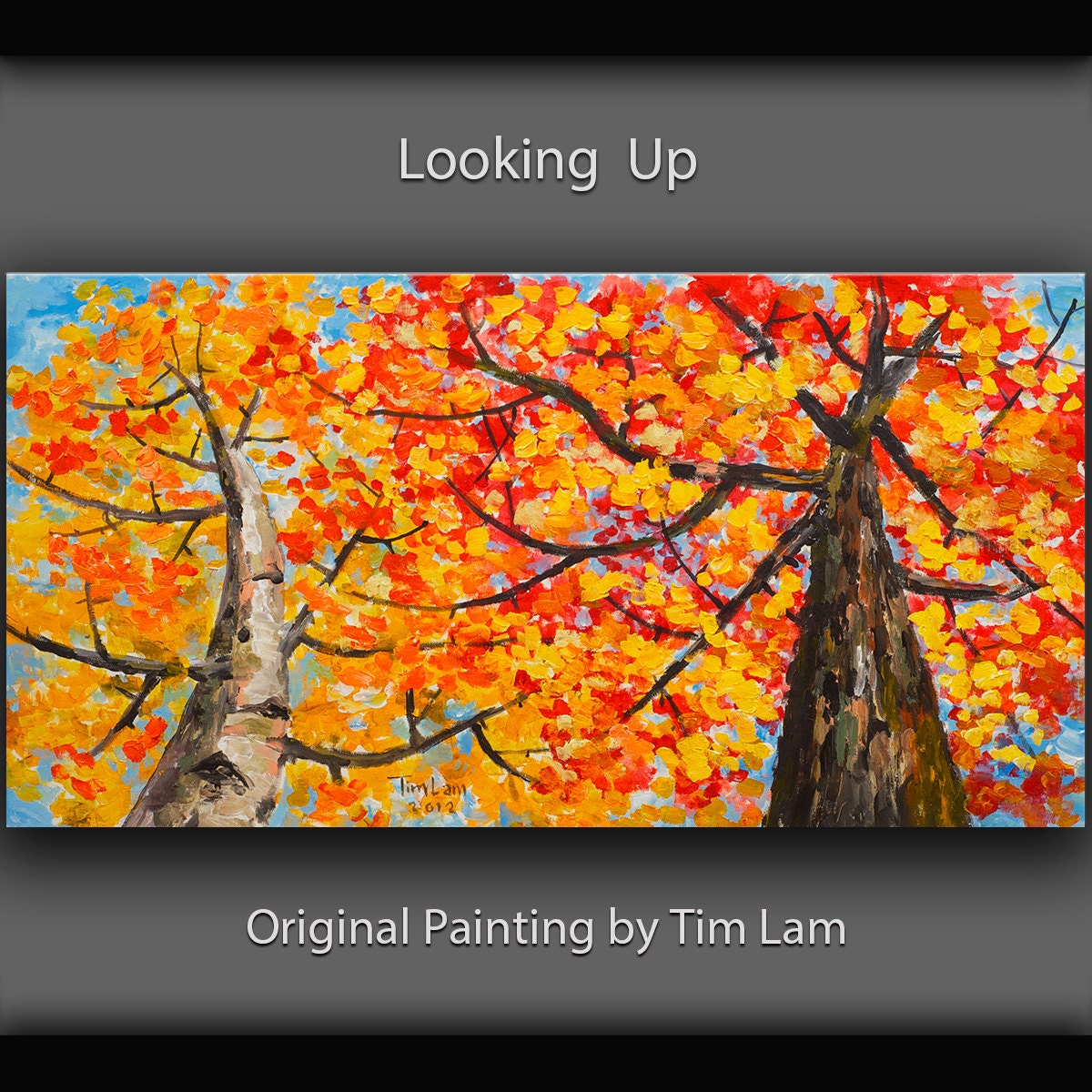 Oil Painting Contemporary impasto brushwork ready ro hang Large textured landscape painting Autumn Aspen Maple tree art by Tim Lam 48x24