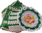 Vintage Kitchen Linens - Dish Cloths and Hot Pads - Green and White - Hand Crocheted Potholders - 1950s