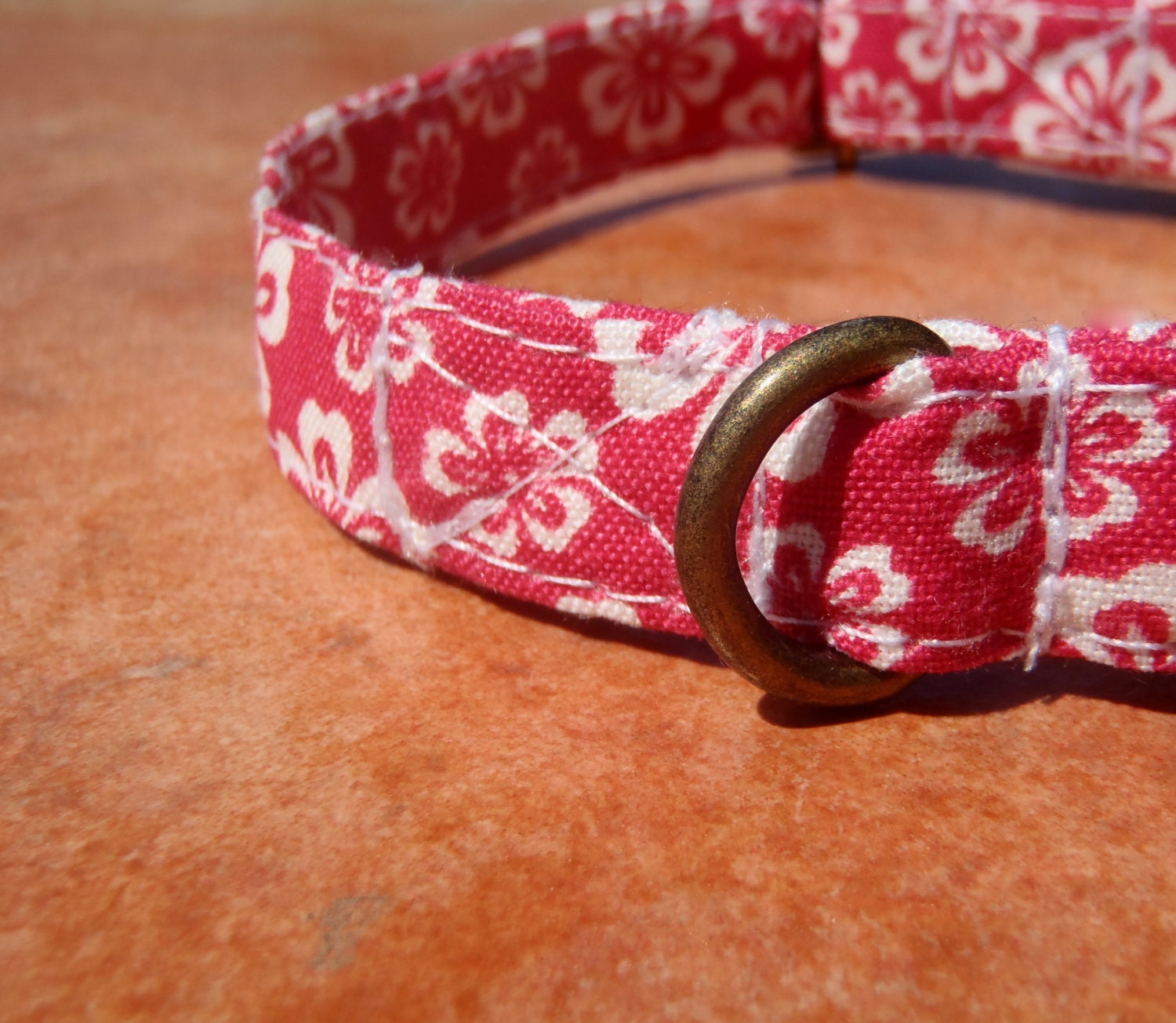 The Maui - Organic Cotton CAT Collar Breakaway Safety Pink Hawaiian Flower Hibiscus - All Antique Brass Hardware