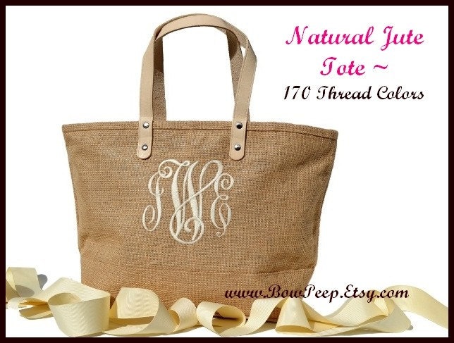 Monogrammed Natural Color Jute Tote Bag - Personalized Natural Burlap totes - Beige, Sand, Beach, Tropical - jute classic summer purse