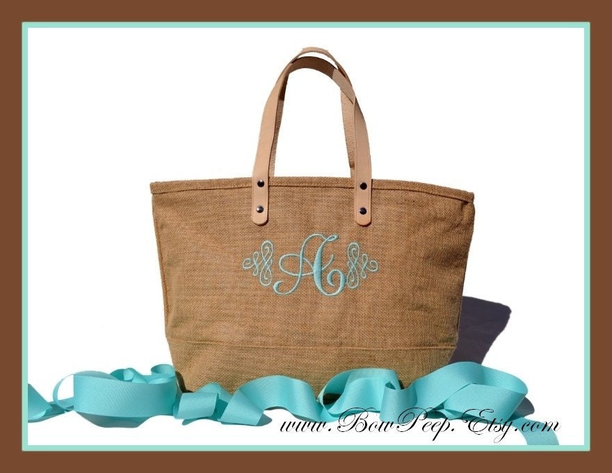 Monogrammed Initial Jute Tote Bag with Scroll Design - Personalized Natural Burlap totes - Bridesmaids gifts ideas teachers