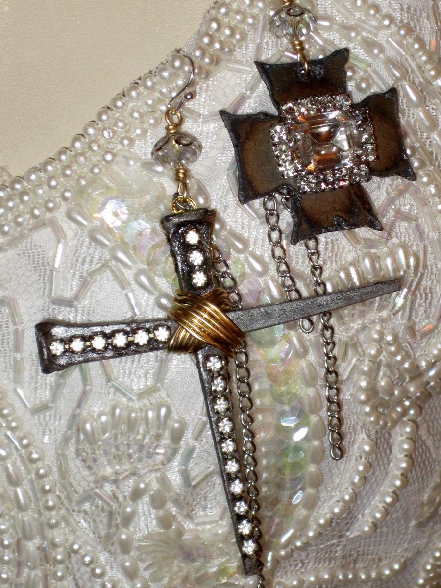 Rusty Nail head & Rhinestone CROSS drop earrings Ooak