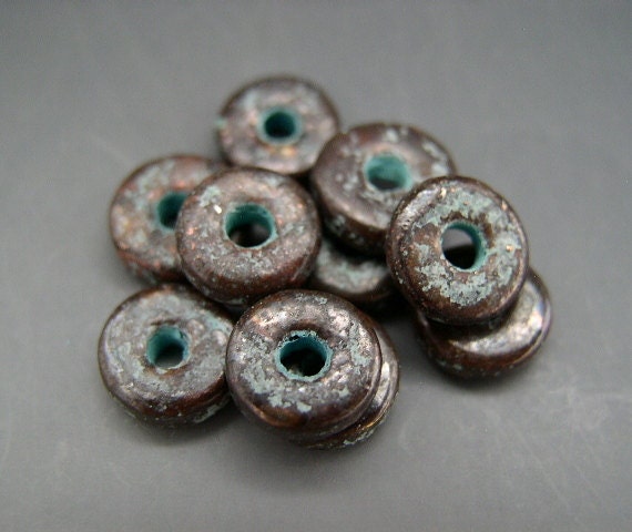 Mykonos Greek Ceramic Beads (10) - Dark Verdigris Green Antiqued Copper Patina Spacers Donuts Rondels Rondelles - 2mm x 8mm