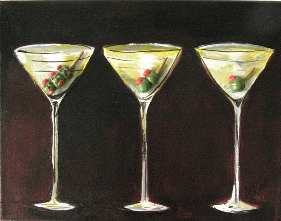 Martini Painting - Martini Cocktails with 3D Olives - Original Acrylic Painting on 11 x 14 canvas